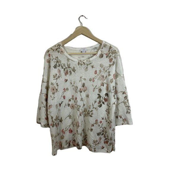J Jill Medium Petite MP Sweater Top Botanical Floral 1/2 Sleeve Linen Blend Boxy - Picture 1 of 7